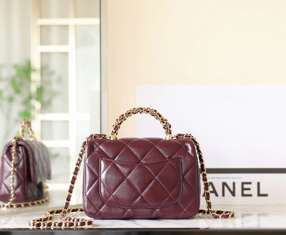 24B MINI FLAP BAG WITH TOP HANDLE 19CM BURGUNDY LAMBSKIN