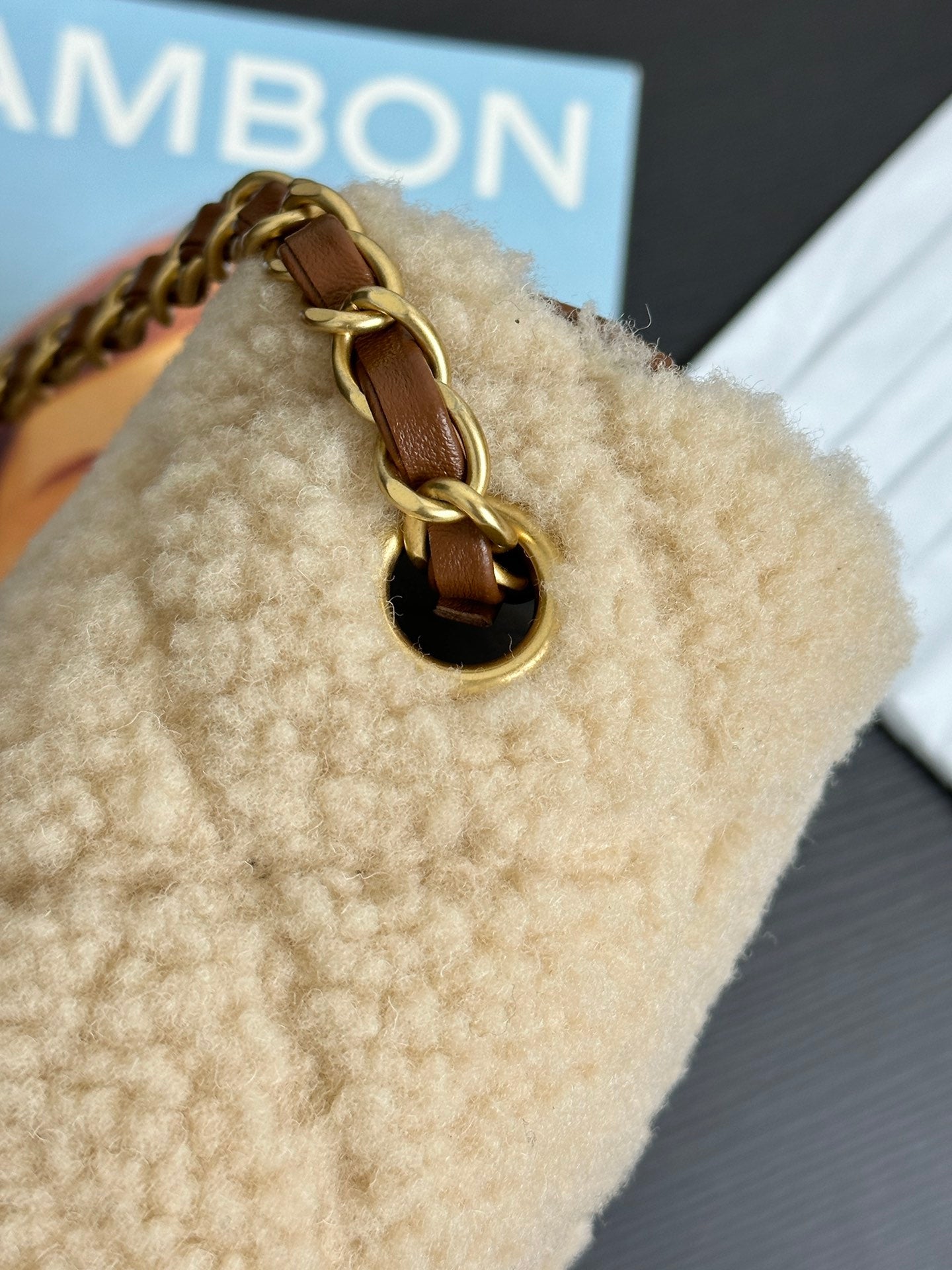 FLAP BAG MINI 18CM BEIGE BROWN SHERLING LAMBSKIN GOLD HARDWARE