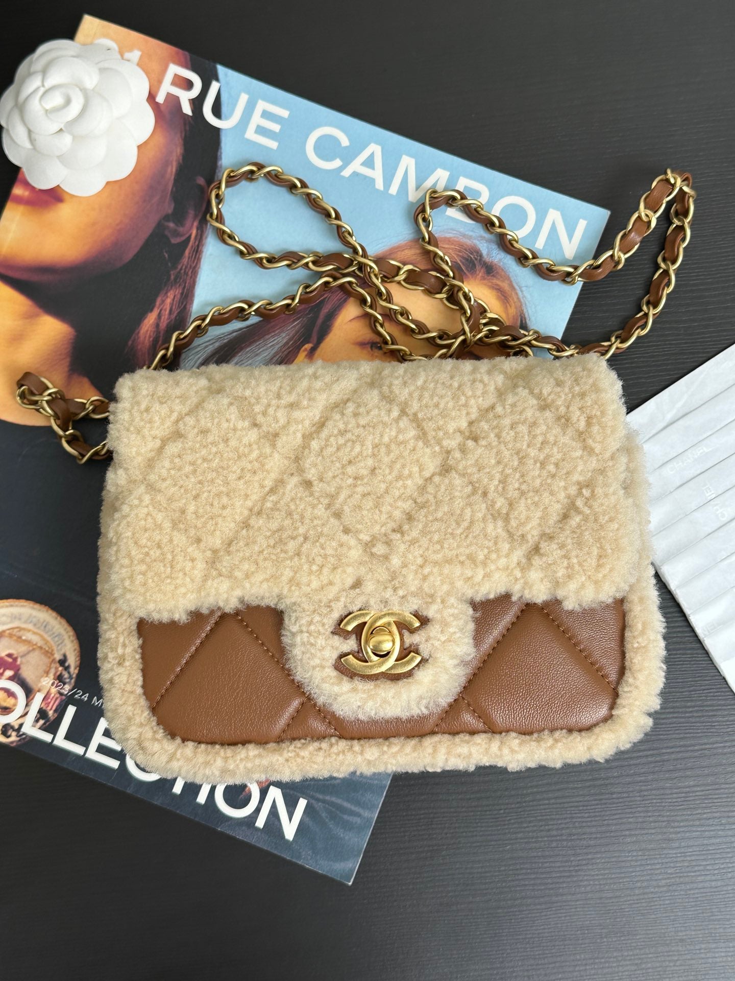 FLAP BAG MINI 18CM BEIGE BROWN SHERLING LAMBSKIN GOLD HARDWARE