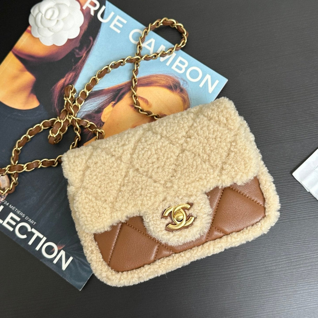 MINI SAC À RABAT 18 CM BEIGE MARRON PEAU DE ... 