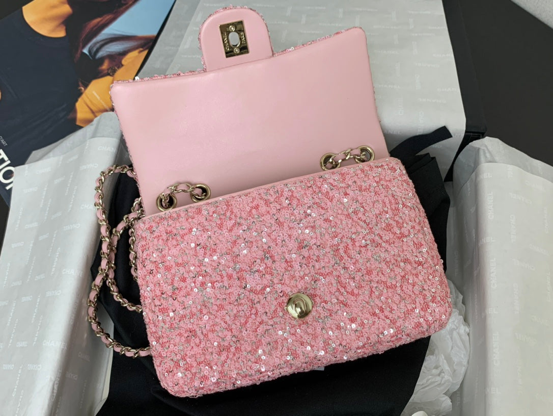SAC À RABAT 25C 20CM CUIR DE VEAU À POIS ROSE ET PAILLETTES ARGENTÉES