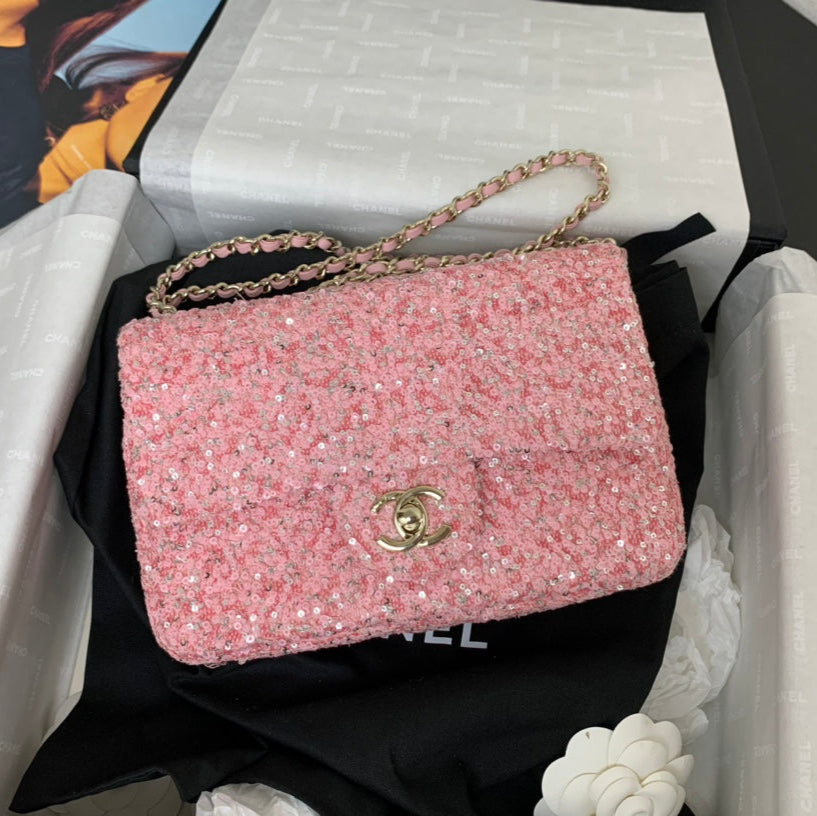 SAC À RABAT 25C 20CM CUIR DE VEAU À POIS ROSE ET PAILLETTES ARGENTÉES