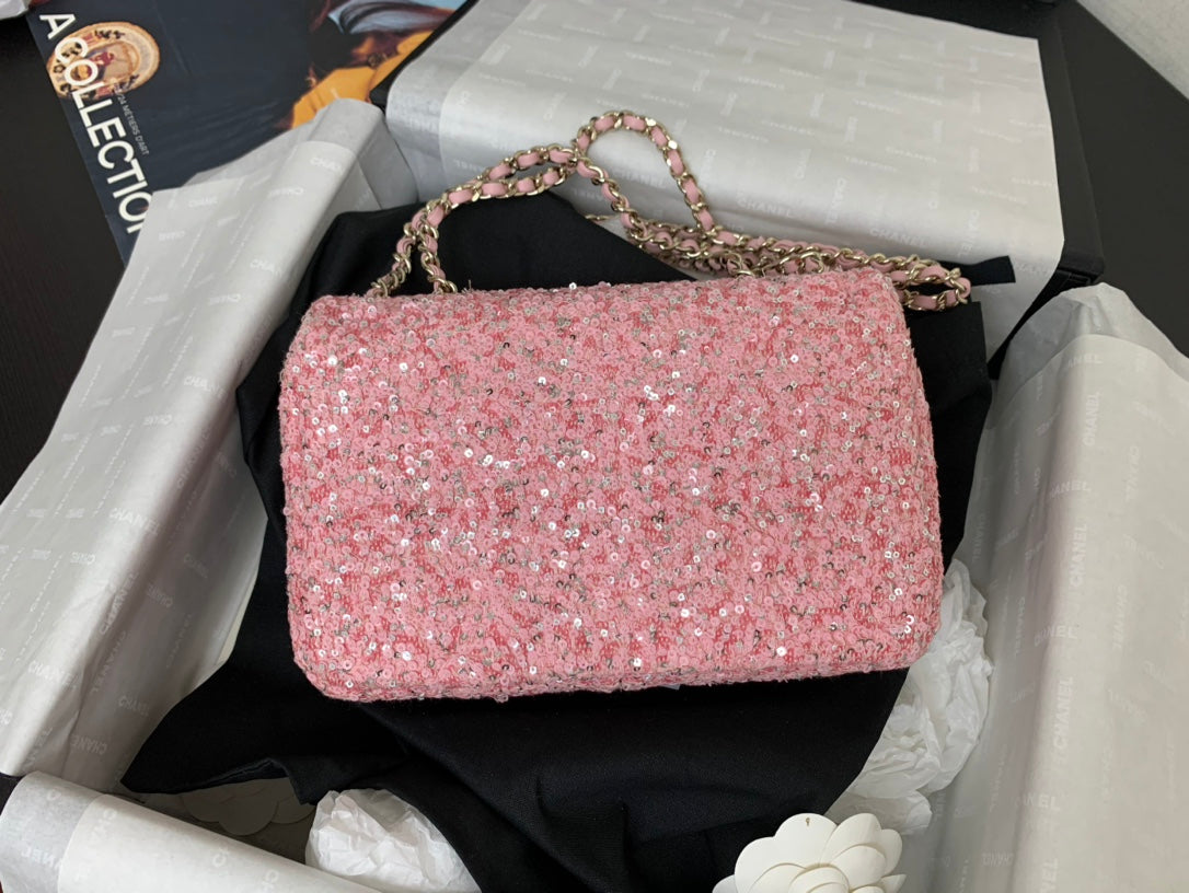 SAC À RABAT 25C 20CM CUIR DE VEAU À POIS ROSE ET PAILLETTES ARGENTÉES