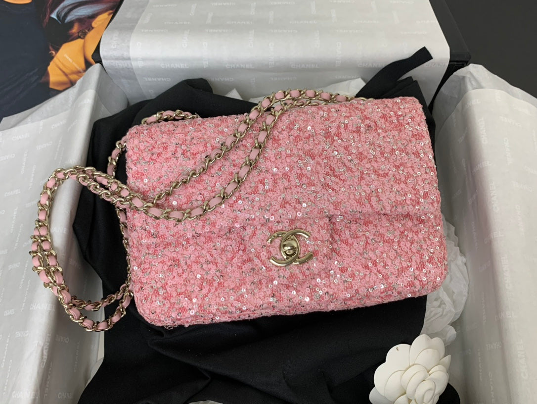 SAC À RABAT 25C 20CM CUIR DE VEAU À POIS ROSE ET PAILLETTES ARGENTÉES
