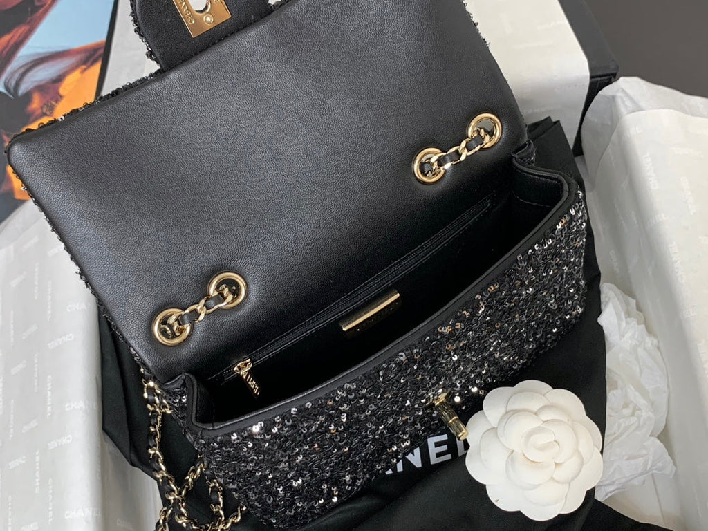 25C FLAP BAG 20CM BLACK POLKA DOT SILVER SEQUIN CALFSKIN