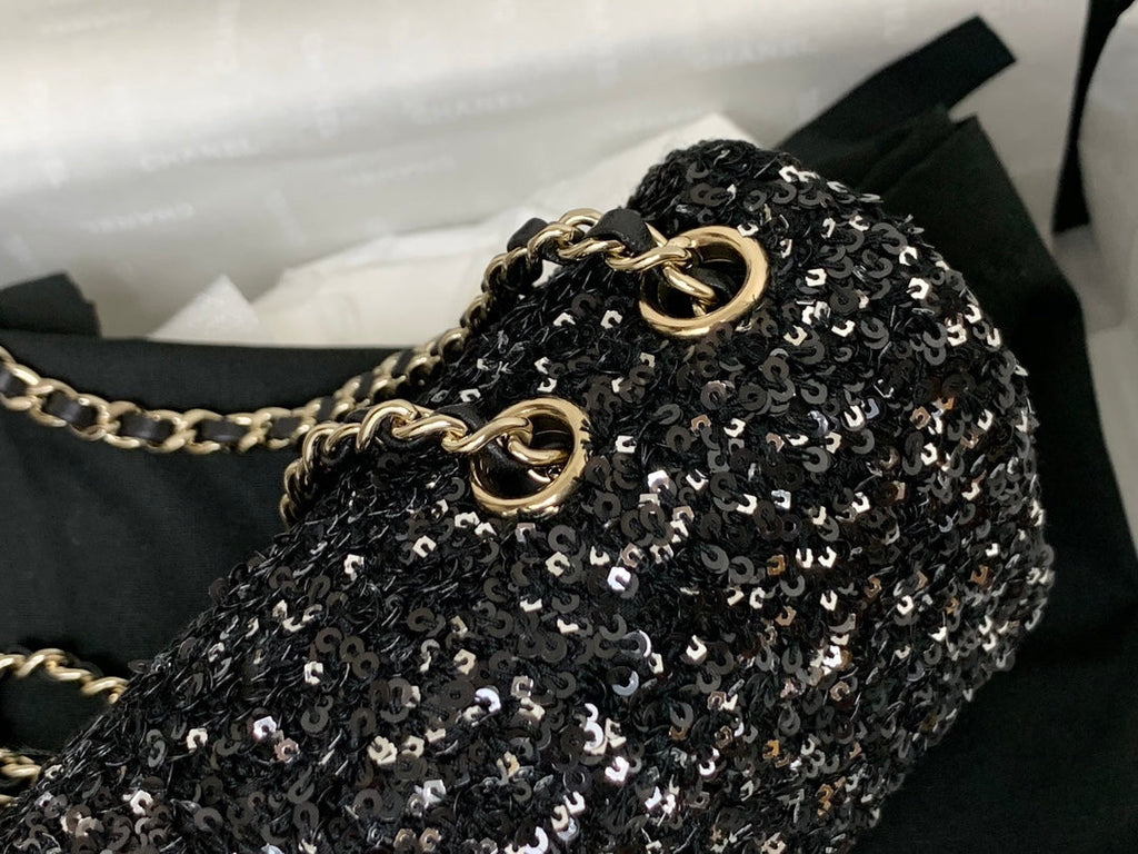 25C FLAP BAG 20CM BLACK POLKA DOT SILVER SEQUIN CALFSKIN