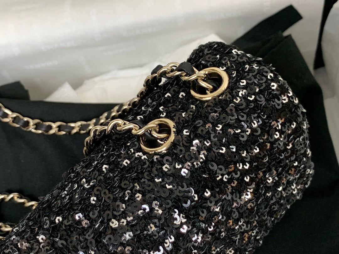 25C FLAP BAG 20CM BLACK POLKA DOT SILVER SEQUIN CALFSKIN