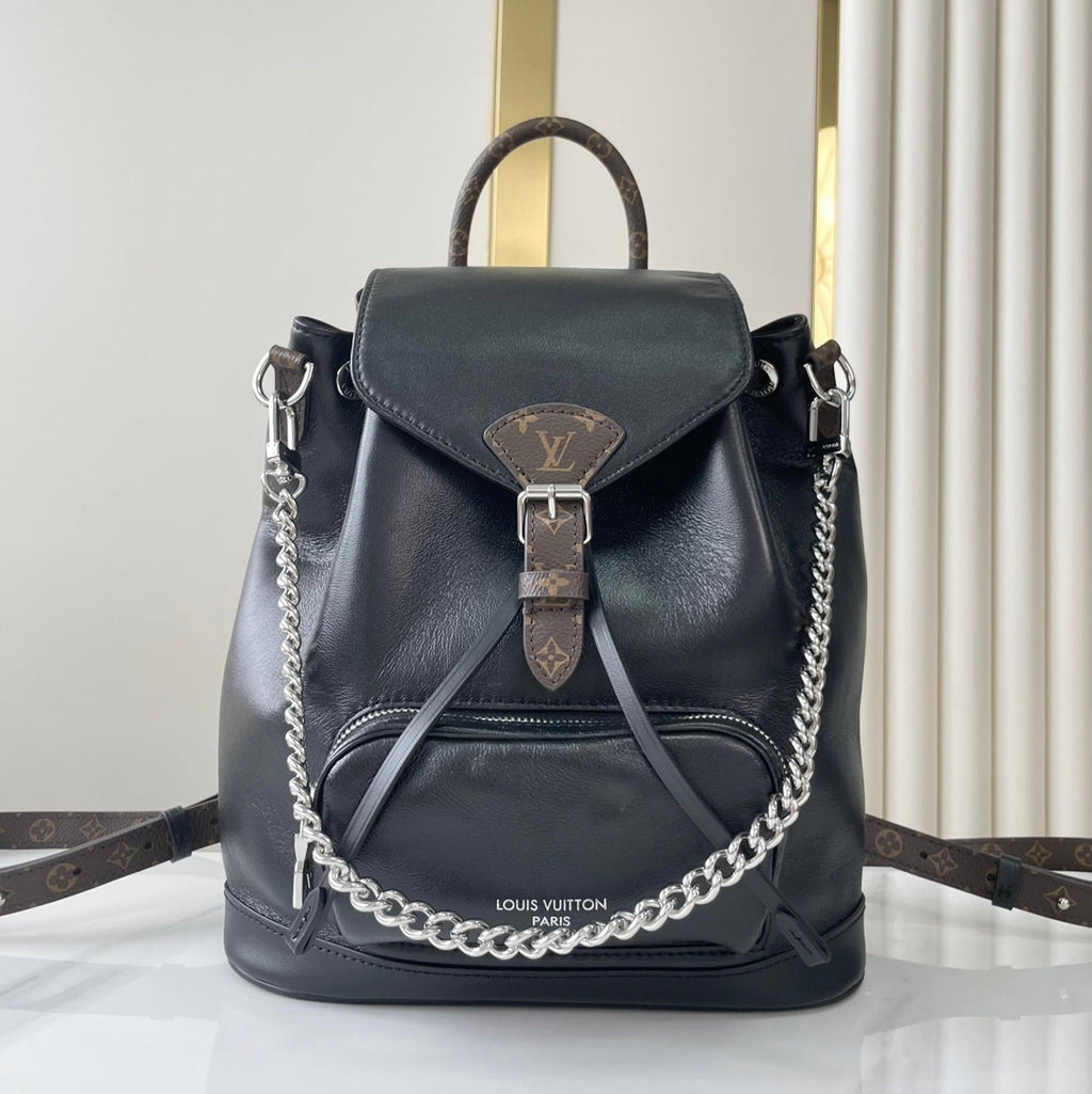 SAC À DOS MONTSOURIS VIBE PM 30 EN CUIR D'AGNEAU NOIR CHAÎNE ARGENTÉE