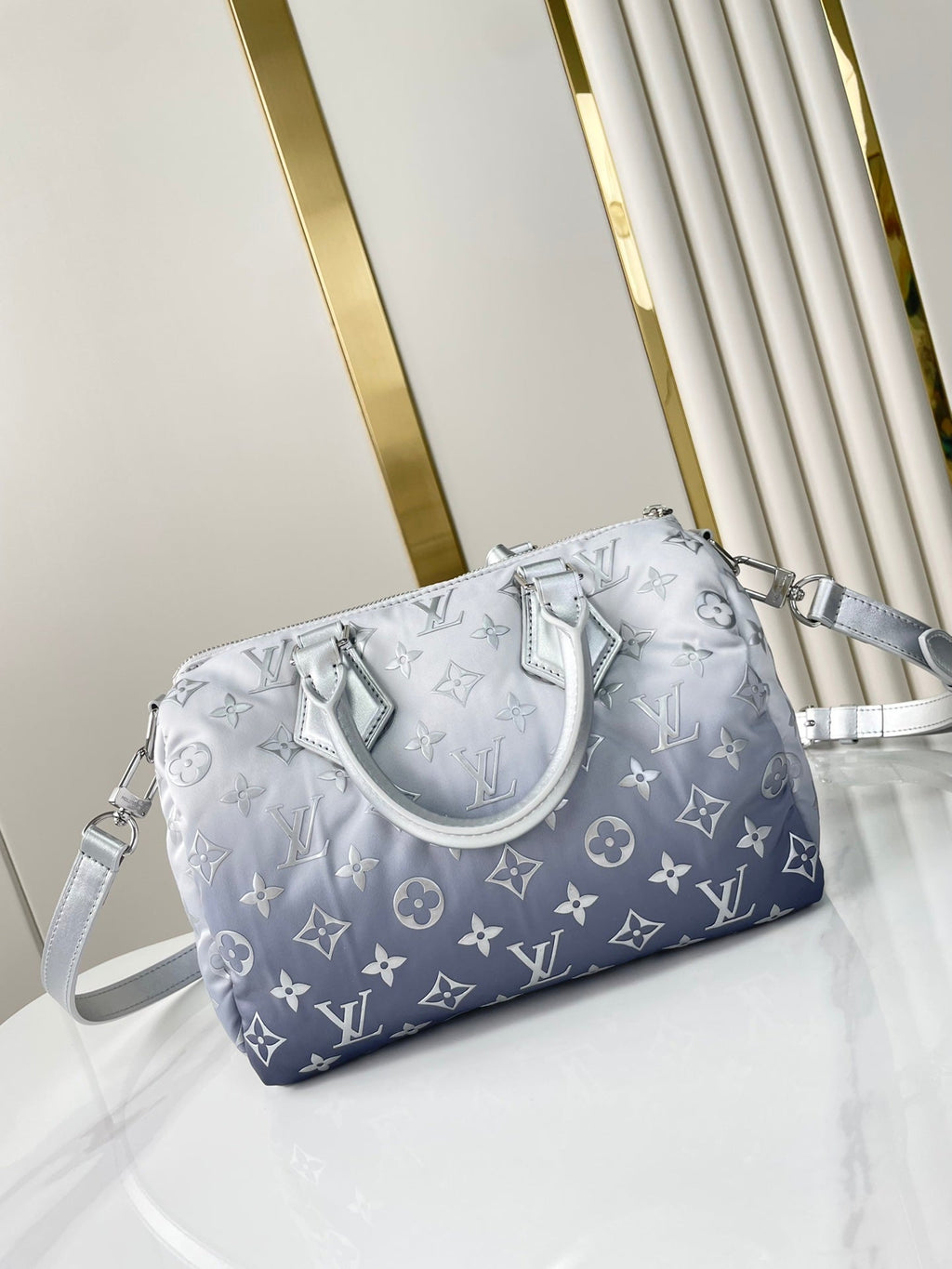 SAC À BANDOULIÈRE SPEEDY 25 PO EN NYLON MONOGRAMME ARGENT DÉGRADÉ QUINCAILLERIE ARGENTÉE
