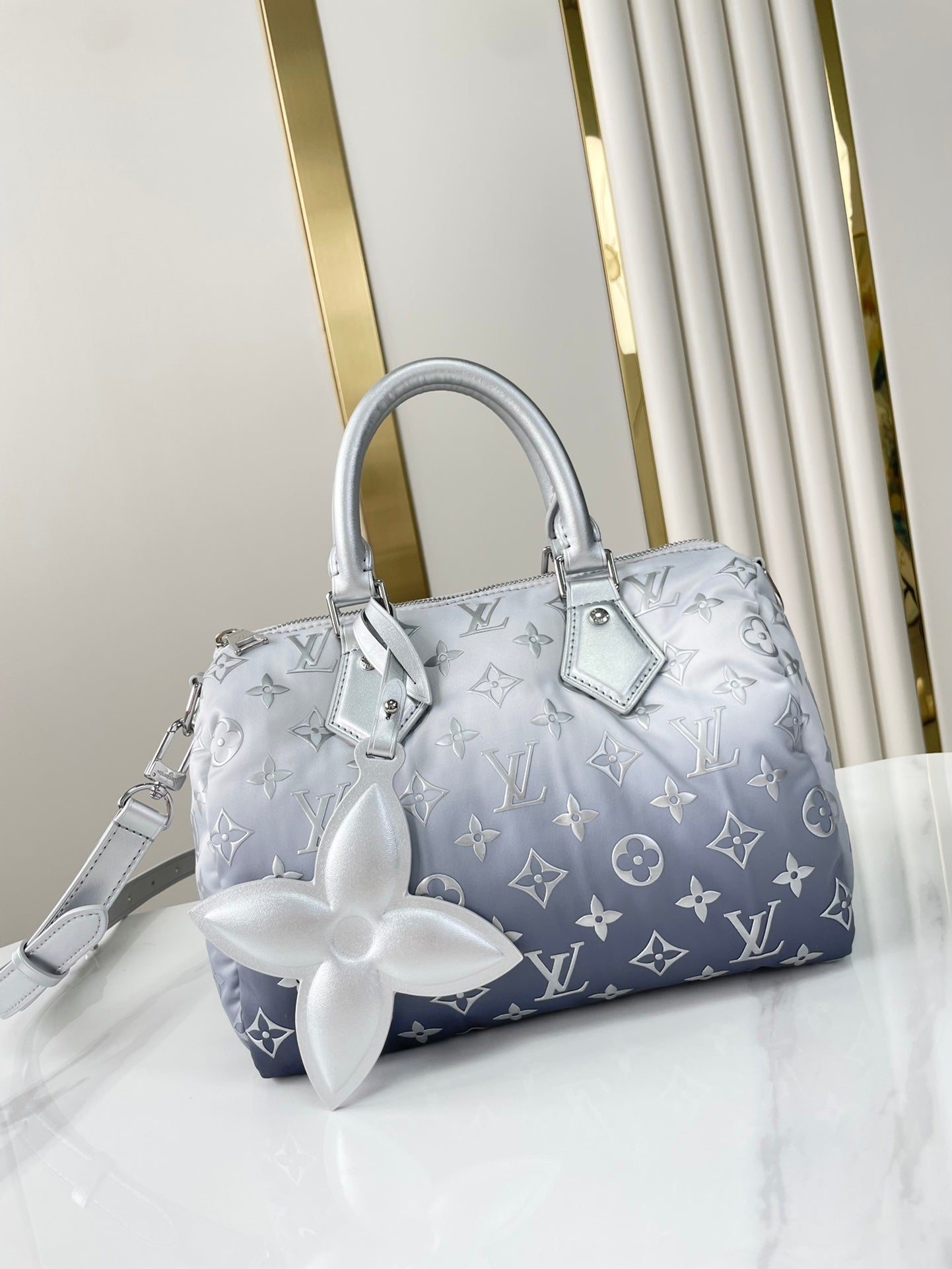SAC À BANDOULIÈRE SPEEDY 25 PO EN NYLON MONOGRAMME ARGENT DÉGRADÉ QUINCAILLERIE ARGENTÉE