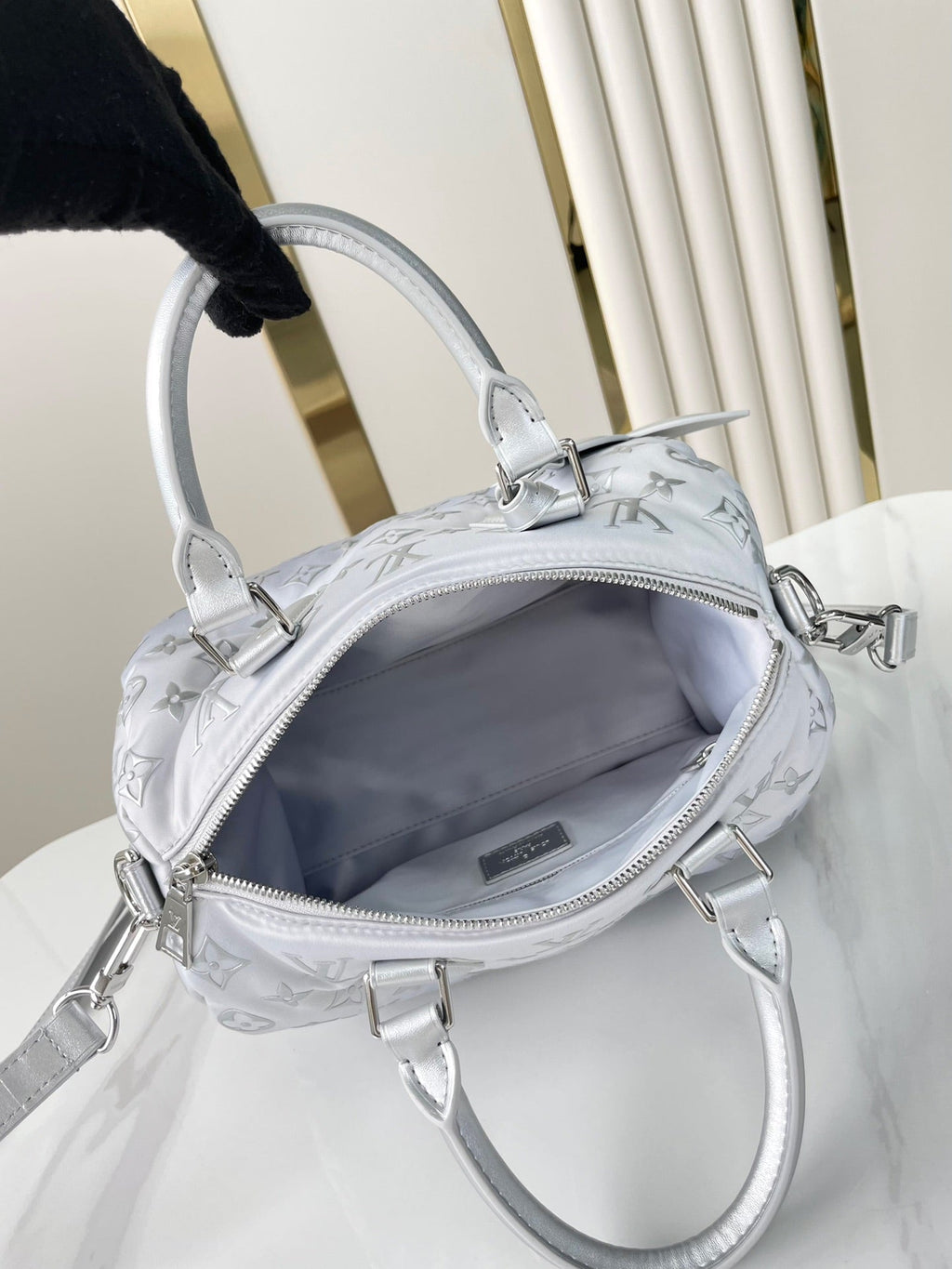 SAC À BANDOULIÈRE SPEEDY 25 PO EN NYLON MONOGRAMME ARGENT DÉGRADÉ QUINCAILLERIE ARGENTÉE