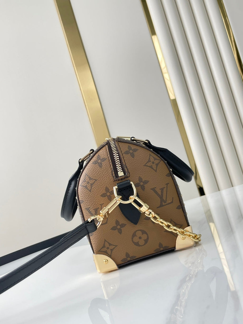 Malle Speedy 20 en toile monogrammée marron et garniture en cuir de veau noir, boucle dorée