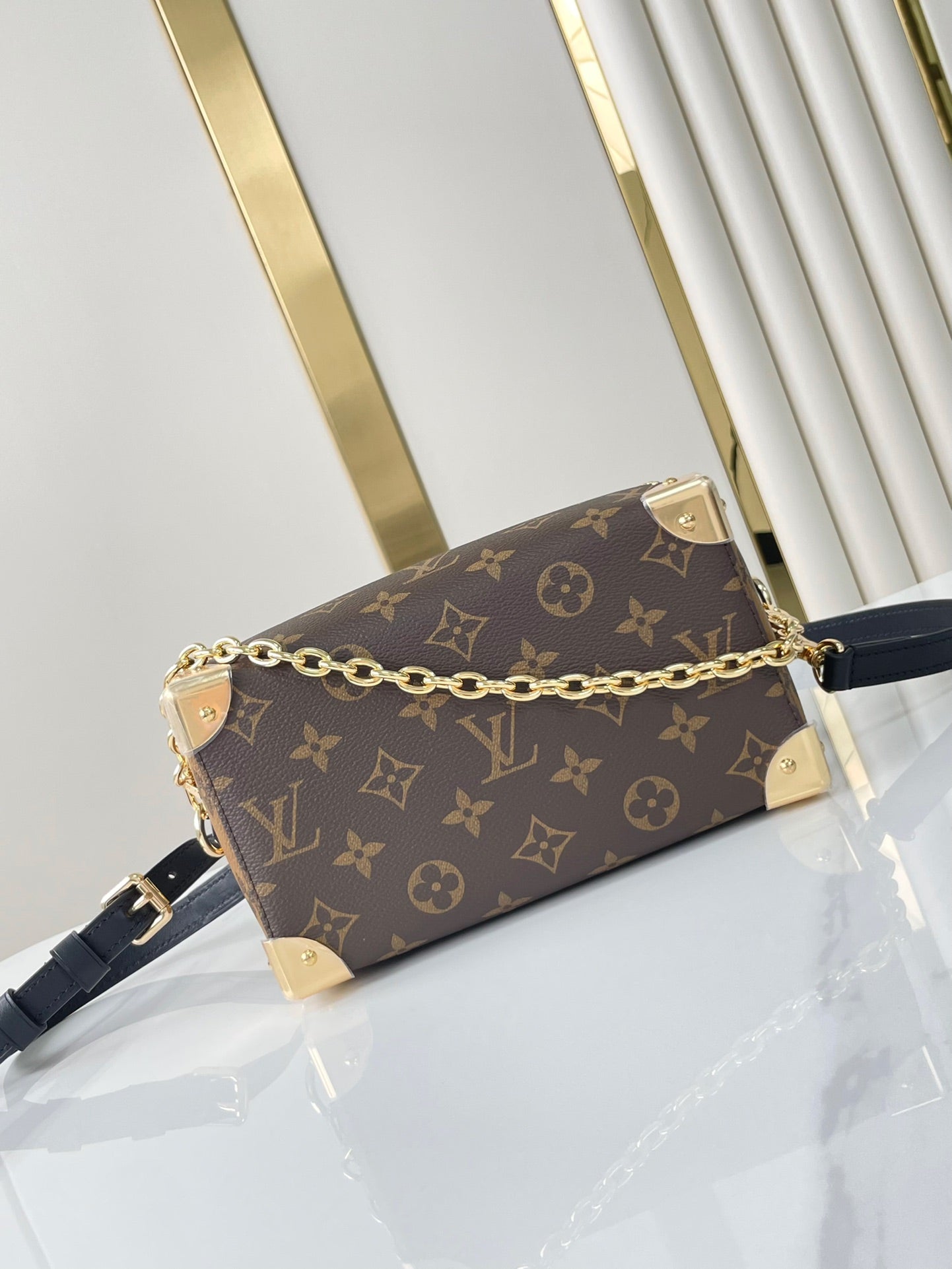 Malle Speedy 20 en toile monogrammée marron et garniture en cuir de veau noir, boucle dorée