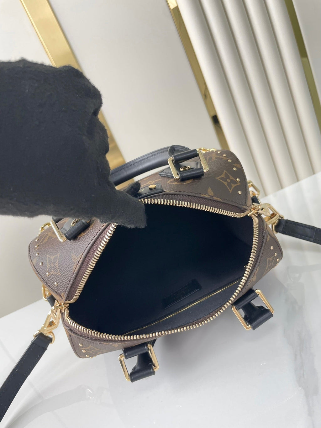 Malle Speedy 20 en toile monogrammée marron et garniture en cuir de veau noir, boucle dorée