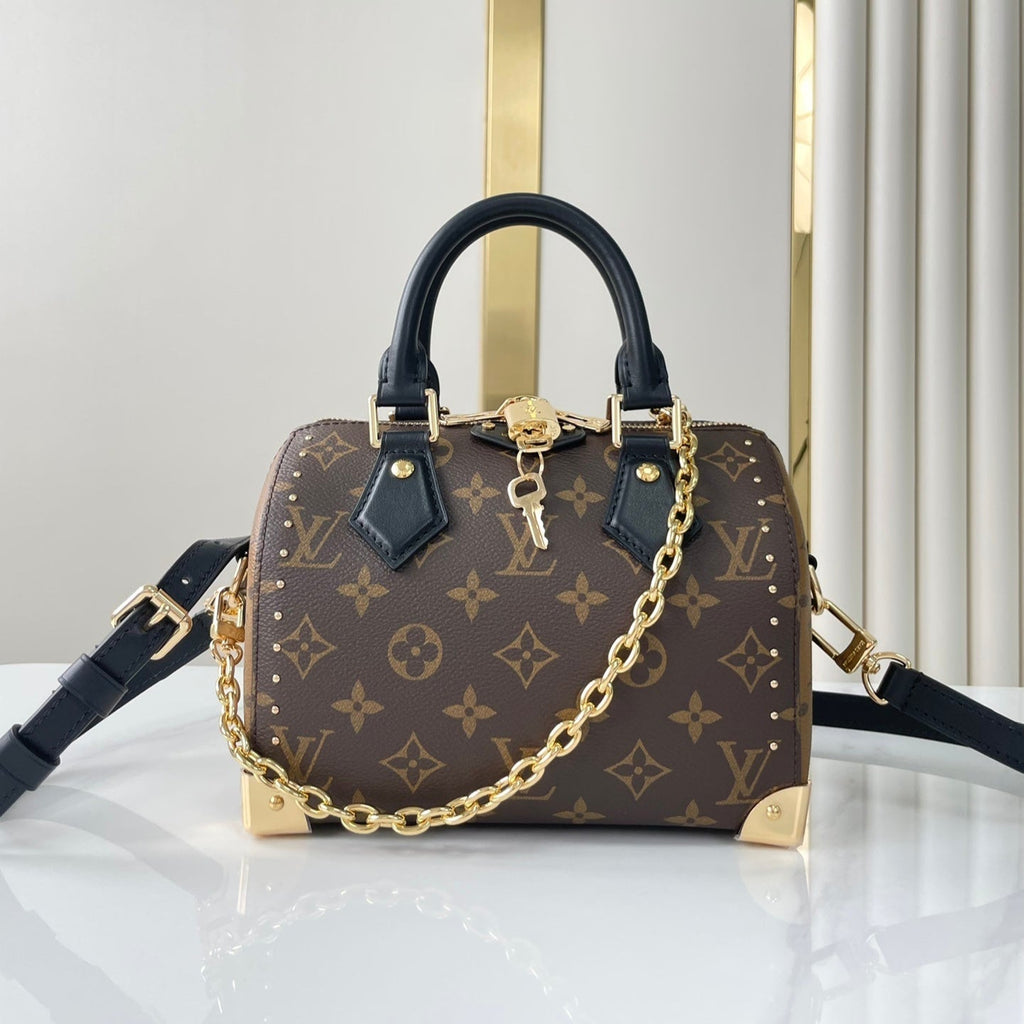 Malle Speedy 20 en toile monogrammée marron et garniture en cuir de veau noir, boucle dorée