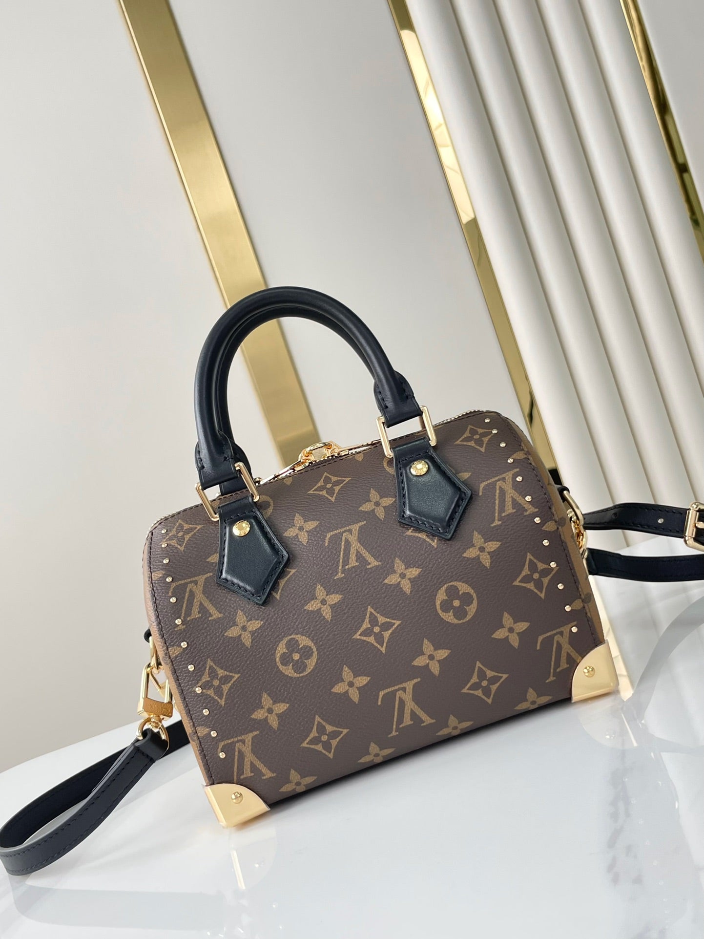 Malle Speedy 20 en toile monogrammée marron et garniture en cuir de veau noir, boucle dorée