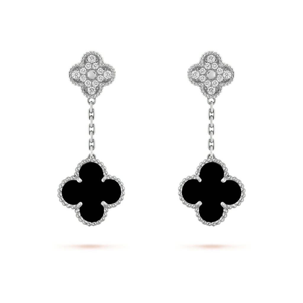 CLOVER 2 MOTIFS  DIAMOND ONYX EARRINGS SILVER