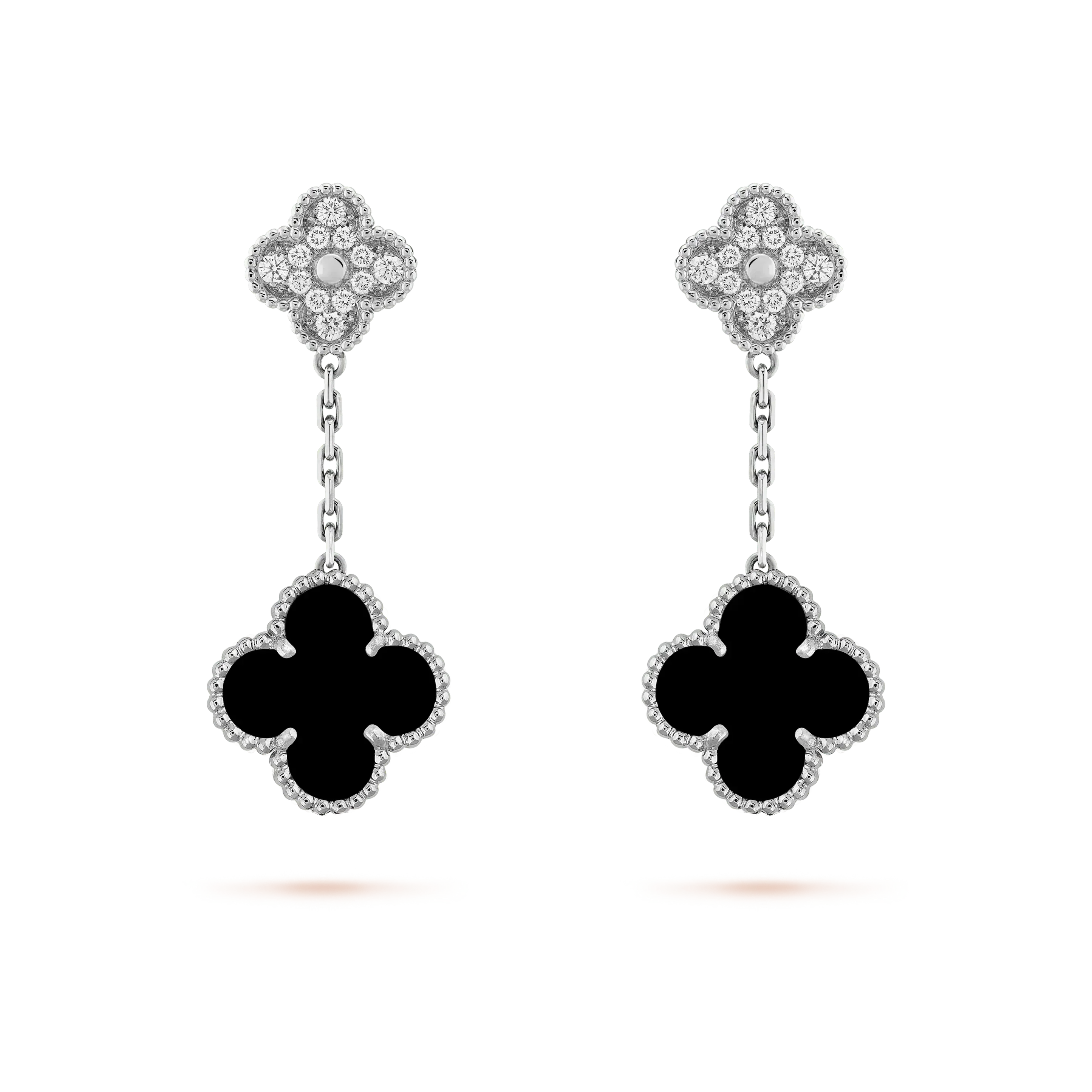 CLOVER 2 MOTIFS  DIAMOND ONYX EARRINGS SILVER