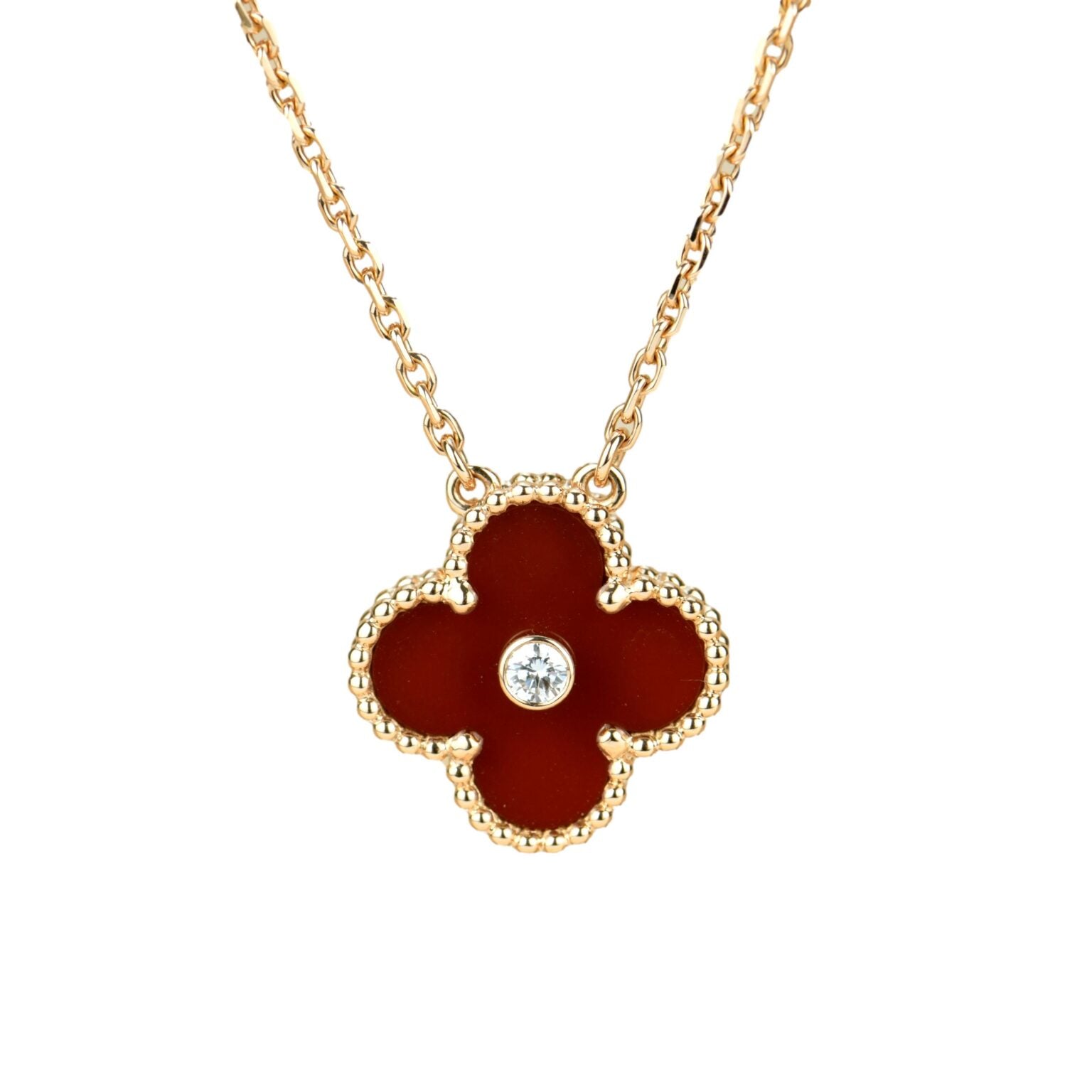 COLLIER CORNALINE DIAMANT TRÈFLE 15 MM