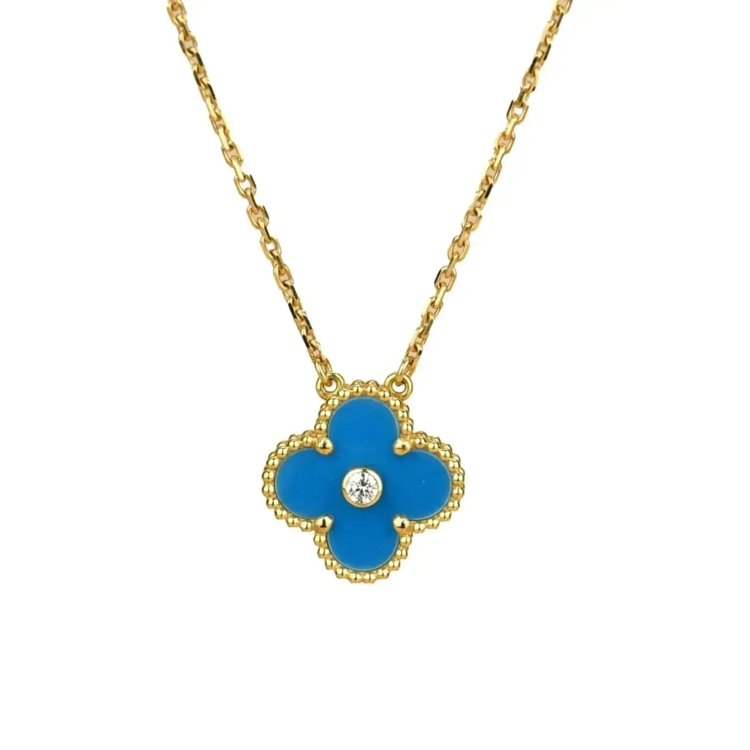 COLLIER TRÈFLE 15 MM DIAMANT ET AGATE BLEUE