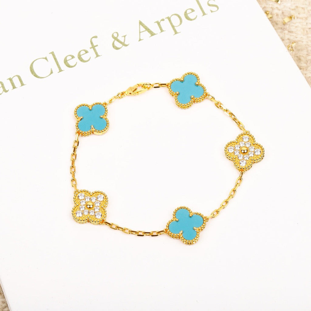 BRACELET EN OR ET DIAMANTS À 5 MOTIFS TRÈFLE TURQUOISE