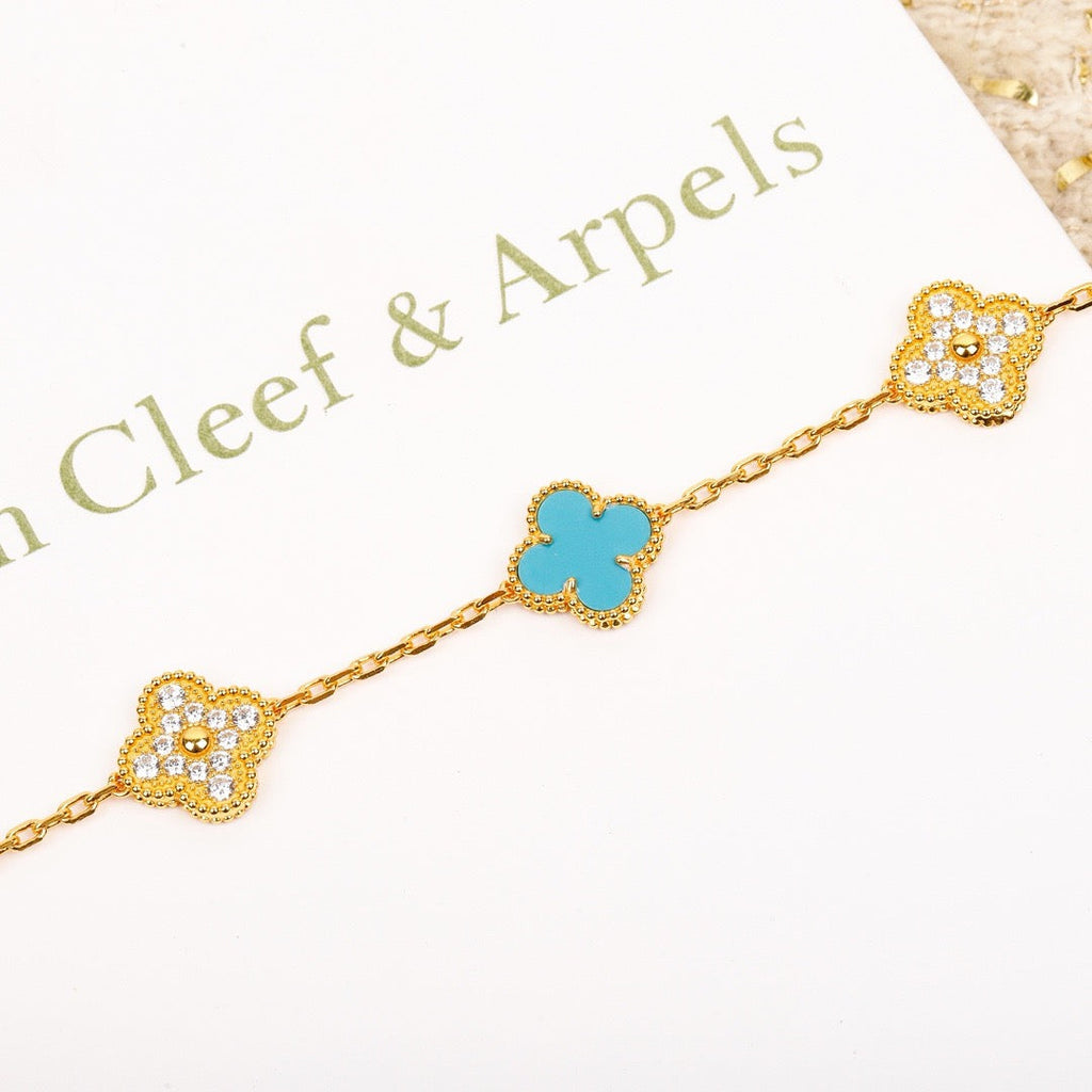 BRACELET EN OR ET DIAMANTS À 5 MOTIFS TRÈFLE TURQUOISE