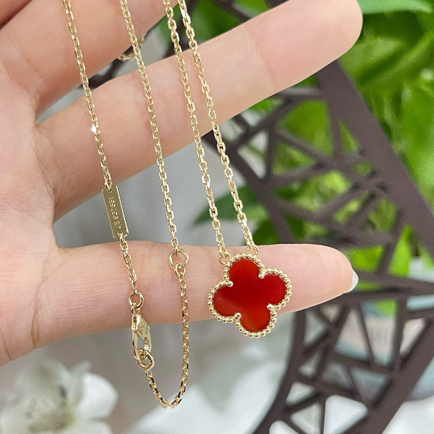 COLLIER FLEUR UNIQUE CORNALINE TRÈFLE 15 MM