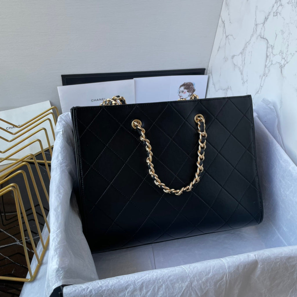 PETIT SAC CABAS 31 CM EN CUIR D'AGNEAU NOIR QUINCAILLERIE DORÉ