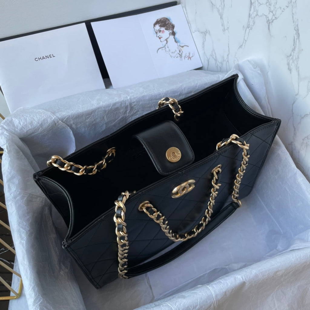 PETIT SAC CABAS 31 CM EN CUIR D'AGNEAU NOIR QUINCAILLERIE DORÉ