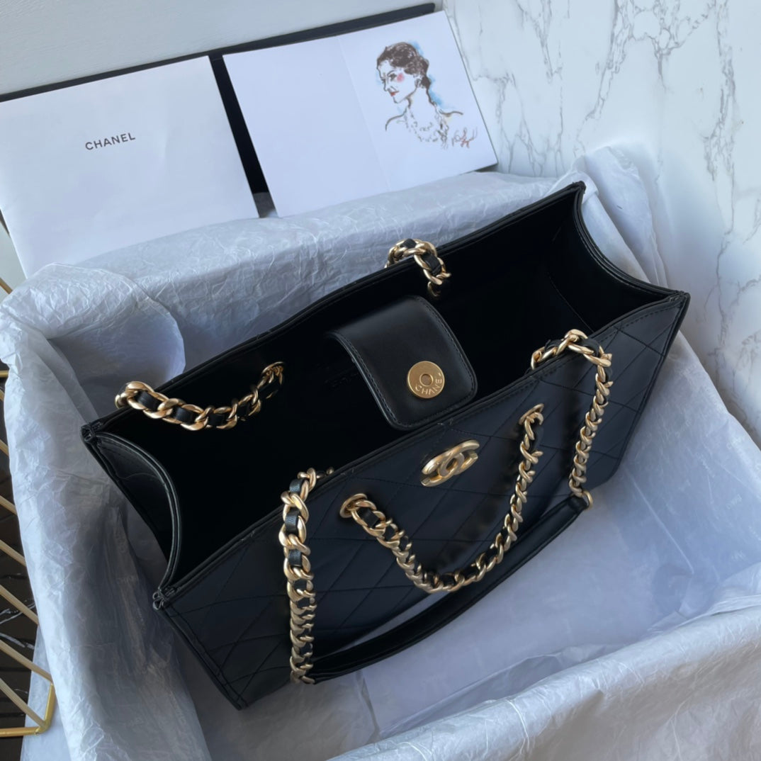 PETIT SAC CABAS 31 CM EN CUIR D'AGNEAU NOIR QUINCAILLERIE DORÉ