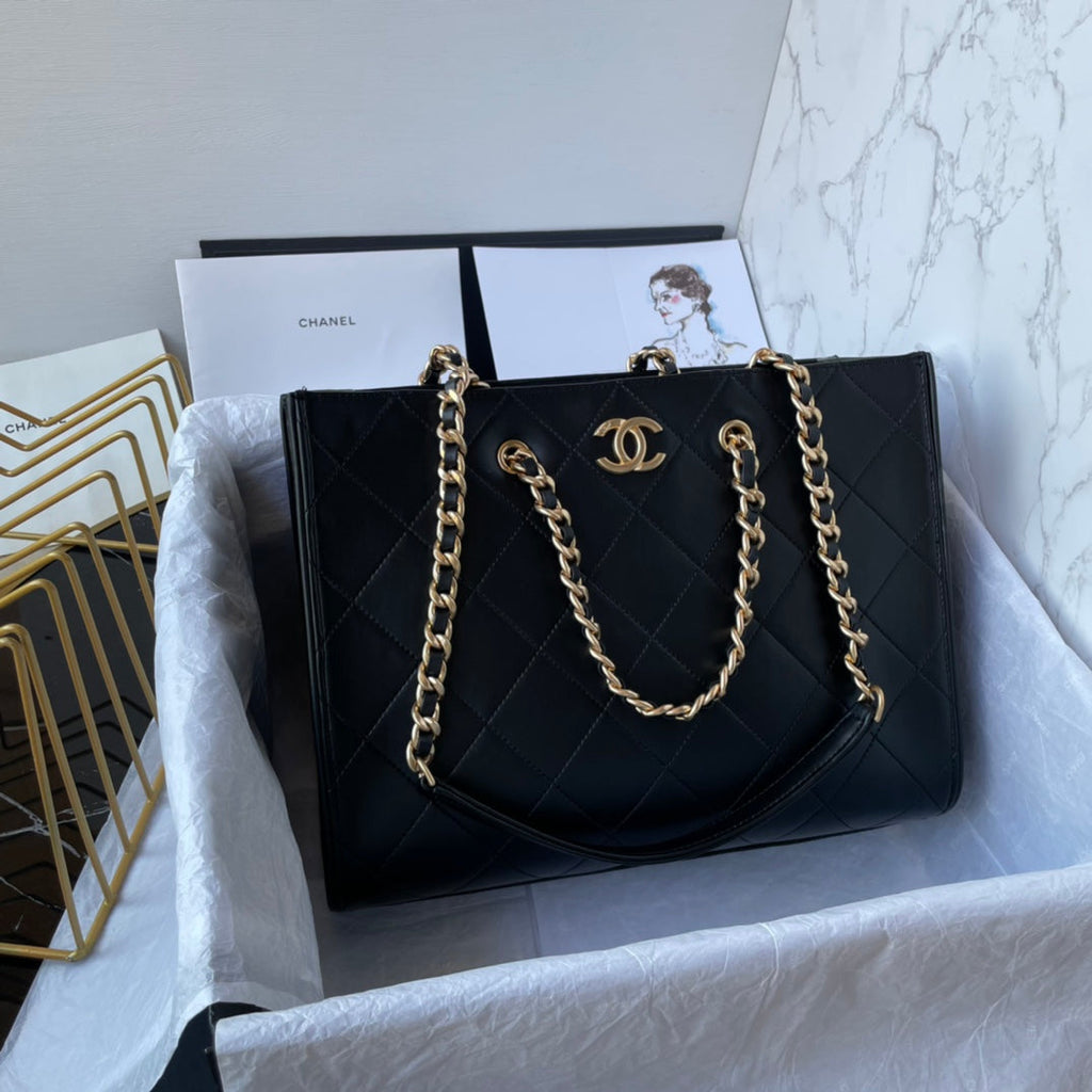 PETIT SAC CABAS 31 CM EN CUIR D'AGNEAU NOIR QUINCAILLERIE DORÉ