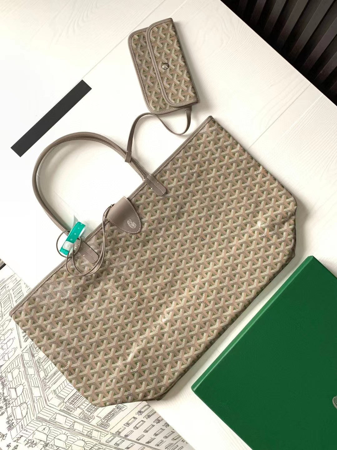 ST LOUIS PM 48CM GREIGE AND GREEN TOTE BAG