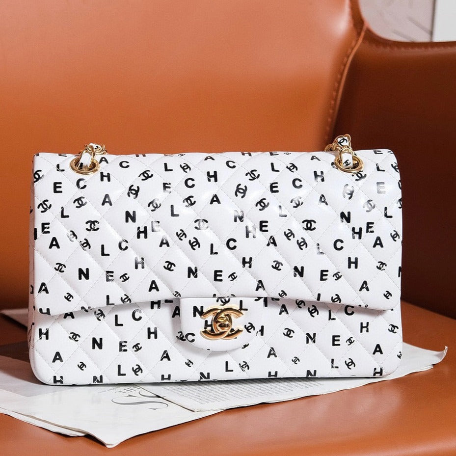 24S FLAP BAG WHITE CALFSKIN MULTI LOGO GOLD HARDWARE