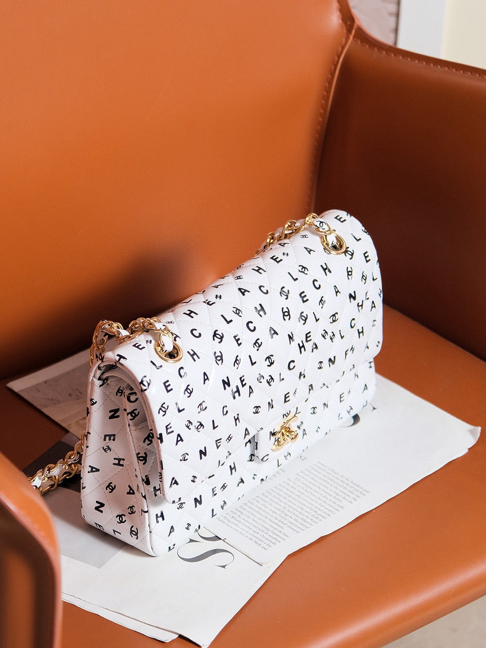 24S FLAP BAG WHITE CALFSKIN MULTI LOGO GOLD HARDWARE