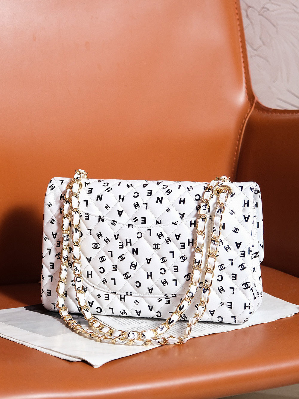 24S FLAP BAG WHITE CALFSKIN MULTI LOGO GOLD HARDWARE