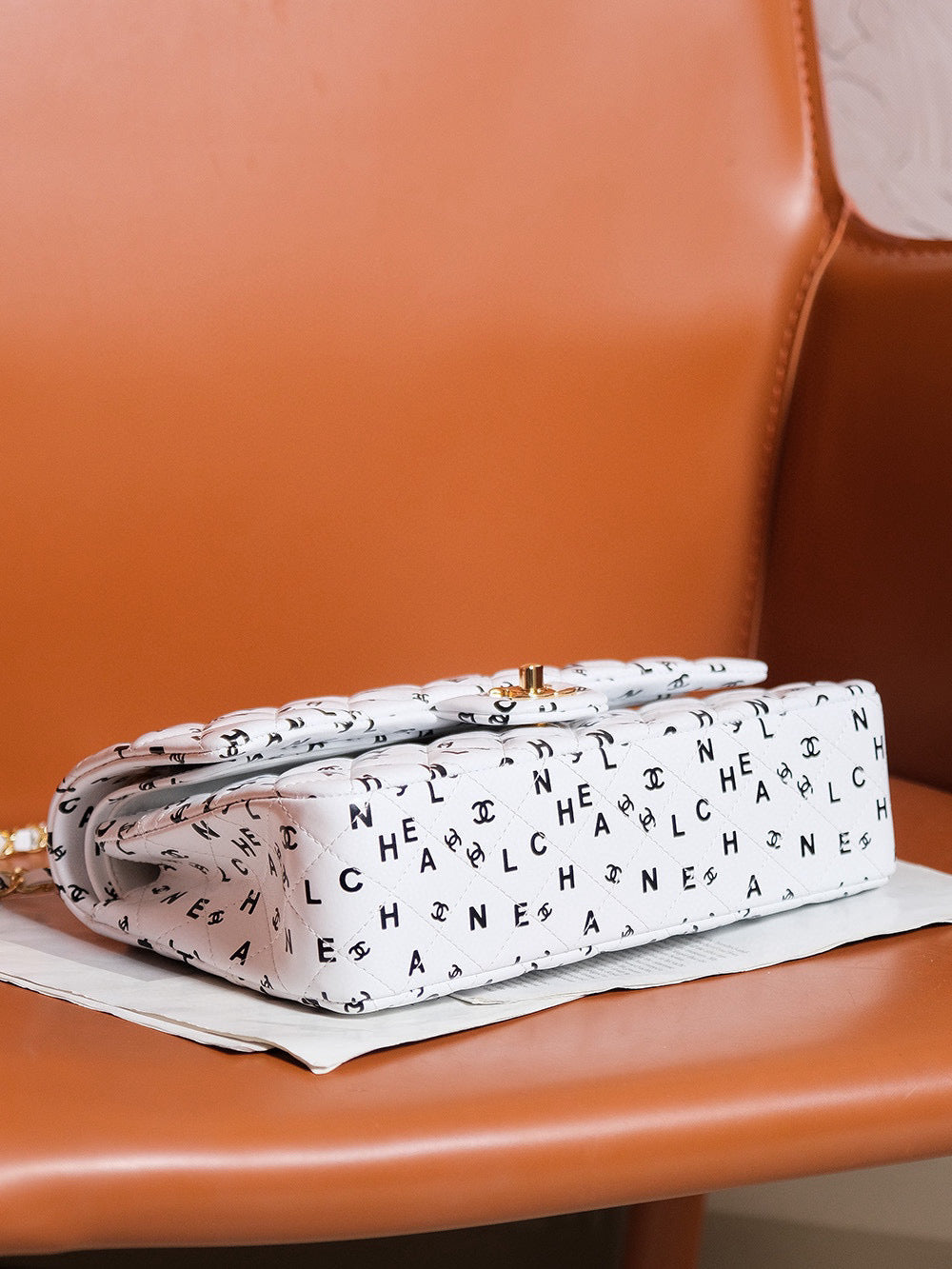 24S FLAP BAG WHITE CALFSKIN MULTI LOGO GOLD HARDWARE