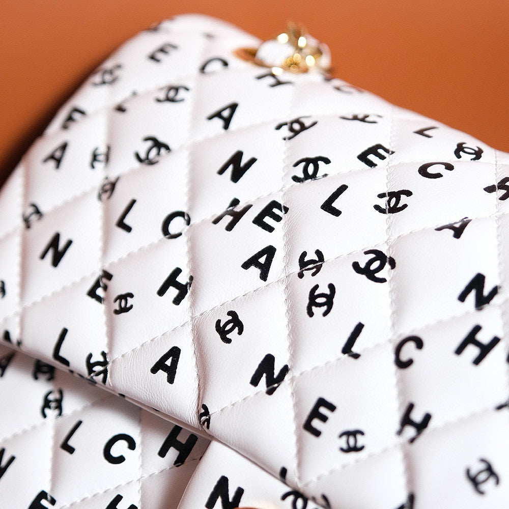 24S FLAP BAG WHITE CALFSKIN MULTI LOGO GOLD HARDWARE