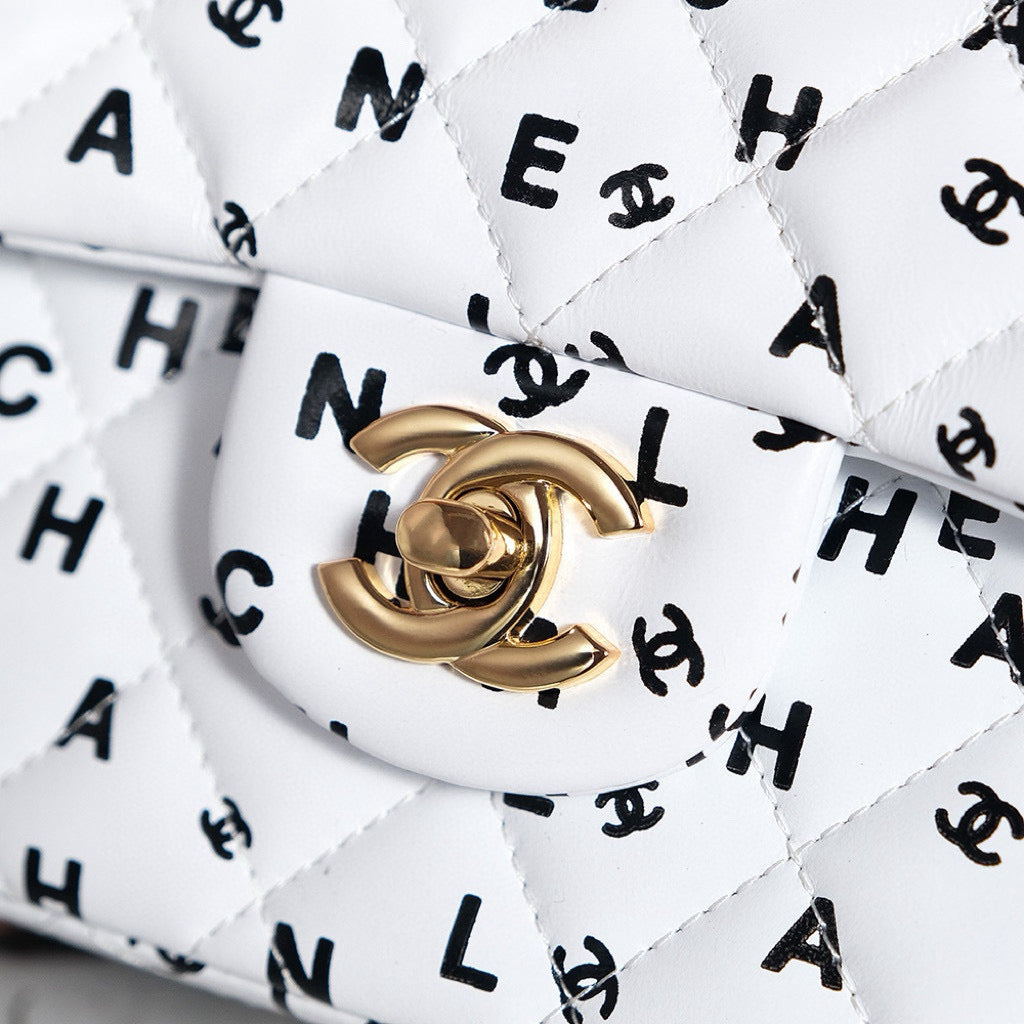 24S FLAP BAG WHITE CALFSKIN MULTI LOGO GOLD HARDWARE