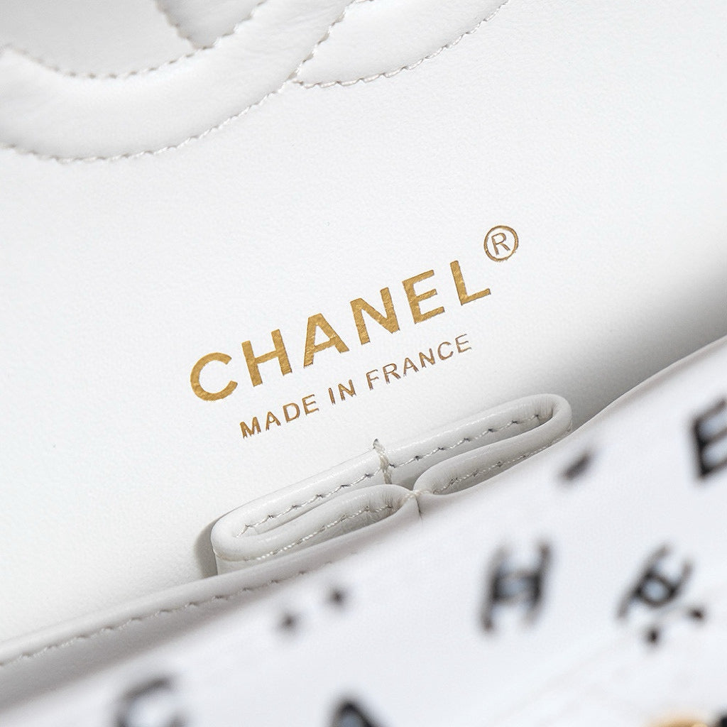 24S FLAP BAG WHITE CALFSKIN MULTI LOGO GOLD HARDWARE