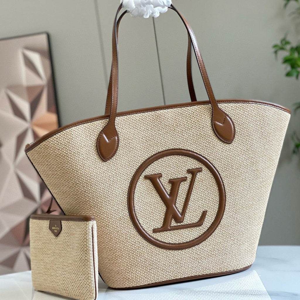 SAC CABAS LV SAINT JACQUES 22 CM PANIER RAPHIA CUIR MARRON