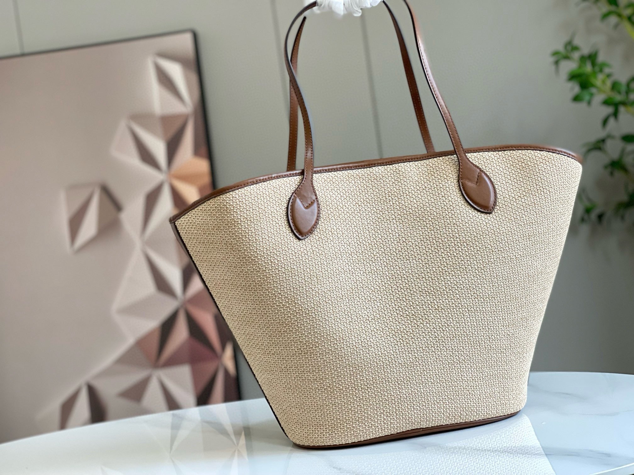 SAC CABAS LV SAINT JACQUES 22 CM PANIER RAPHIA CUIR MARRON