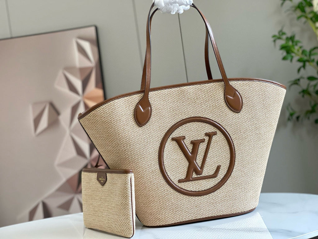 SAC CABAS LV SAINT JACQUES 22 CM PANIER RAPHIA CUIR MARRON