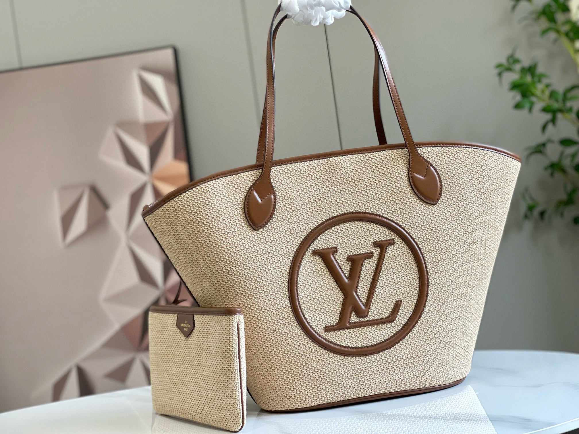 SAC CABAS LV SAINT JACQUES 22 CM PANIER RAPHIA CUIR MARRON