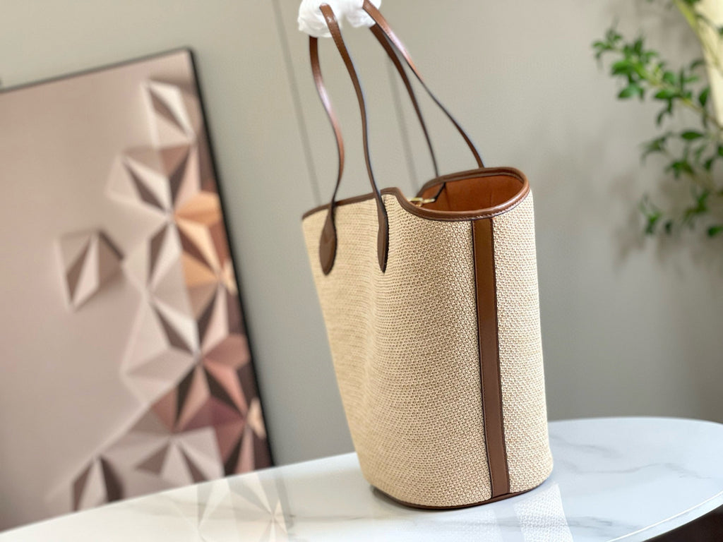 SAC CABAS LV SAINT JACQUES 22 CM PANIER RAPHIA CUIR MARRON