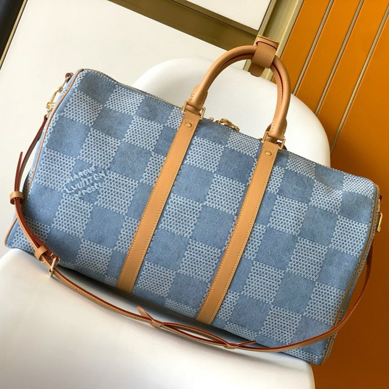 KEEPALL 50 BANDOULIÈRE BLEU DAMIER DENIM 