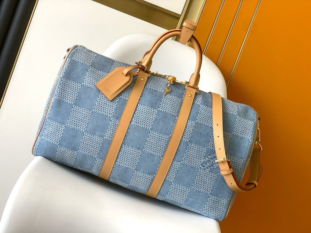 KEEPALL 50 BANDOULIÈRE BLEU DAMIER DENIM 