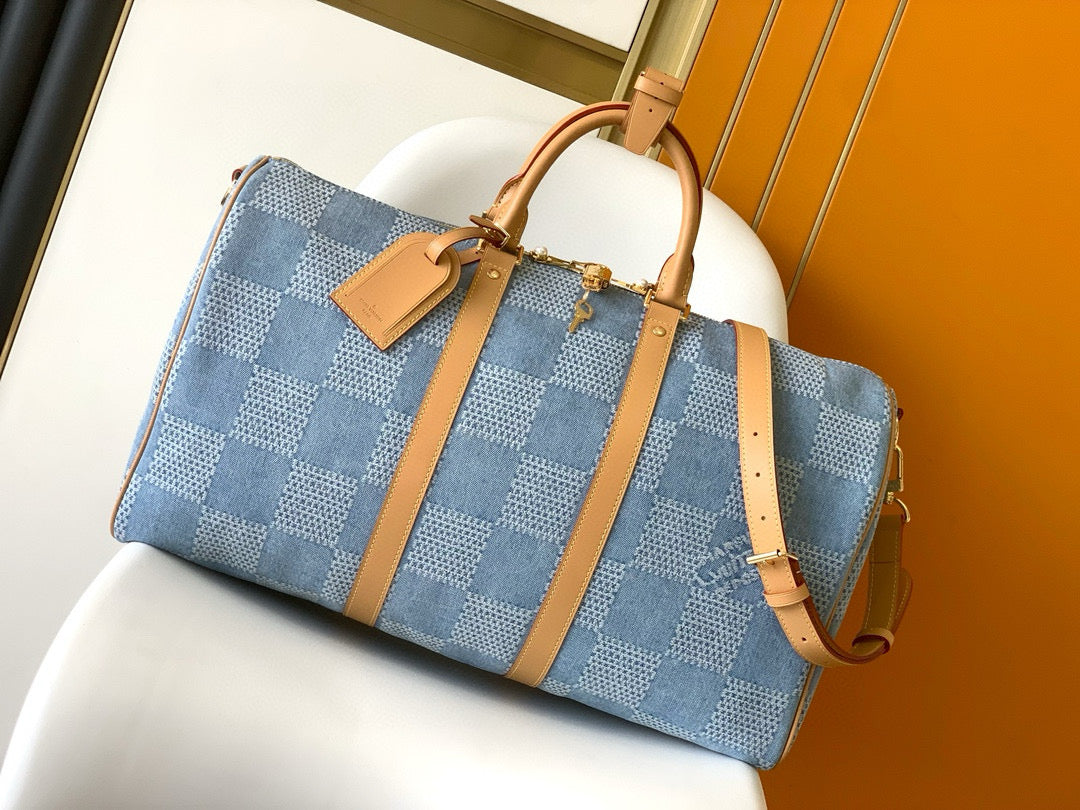 KEEPALL 50 BANDOULIÈRE BLEU DAMIER DENIM 