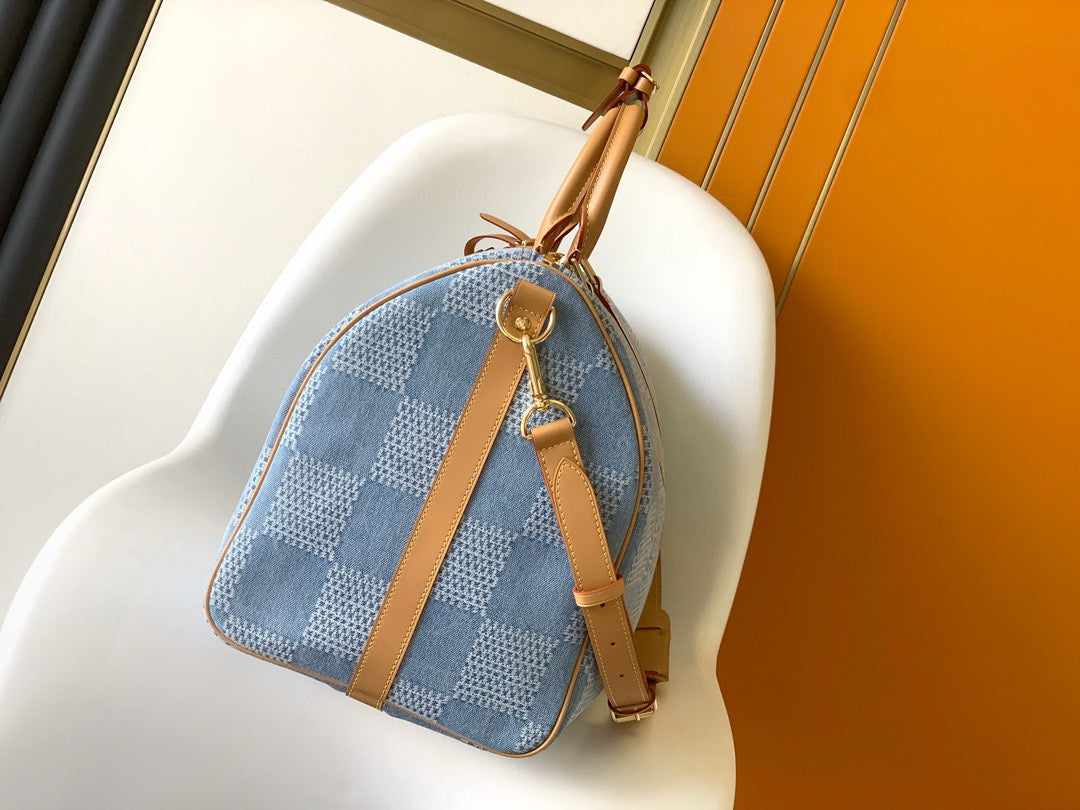 KEEPALL 50 BANDOULIÈRE BLEU DAMIER DENIM 