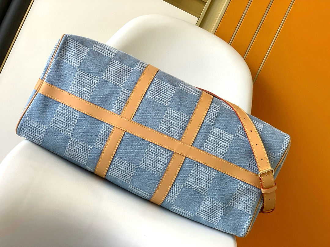 KEEPALL 50 BANDOULIÈRE BLEU DAMIER DENIM 
