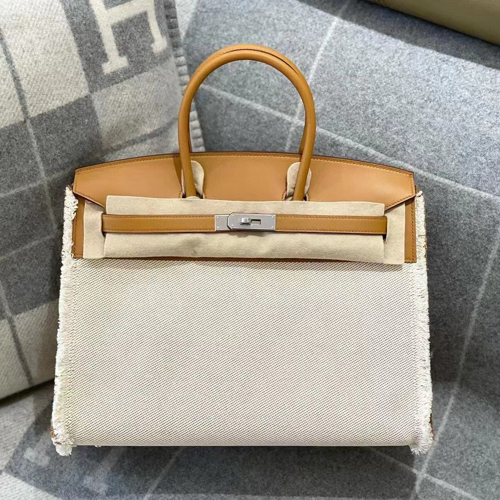 Sac HM Birkin 35 cm en toile effilochée, matériel argenté